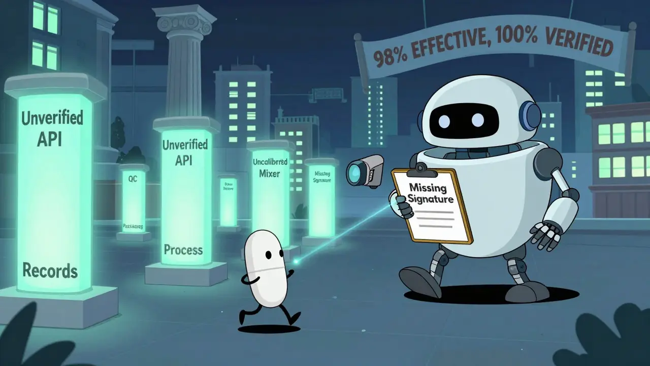 A tiny pill escapes from an FDA robot, dodging compliance hazards while pillars of quality rise behind it.