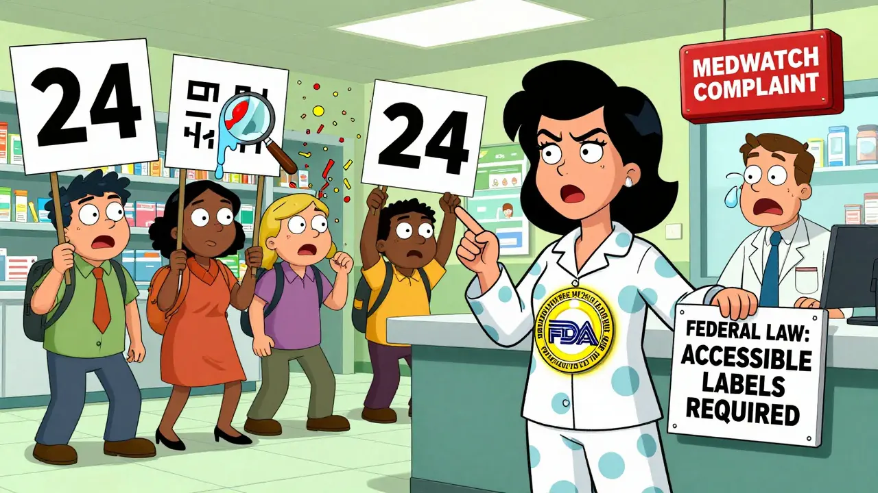 A woman at a pharmacy demanding accessible labels, with patients holding large-print signs and a pharmacist stressed near a warning button.