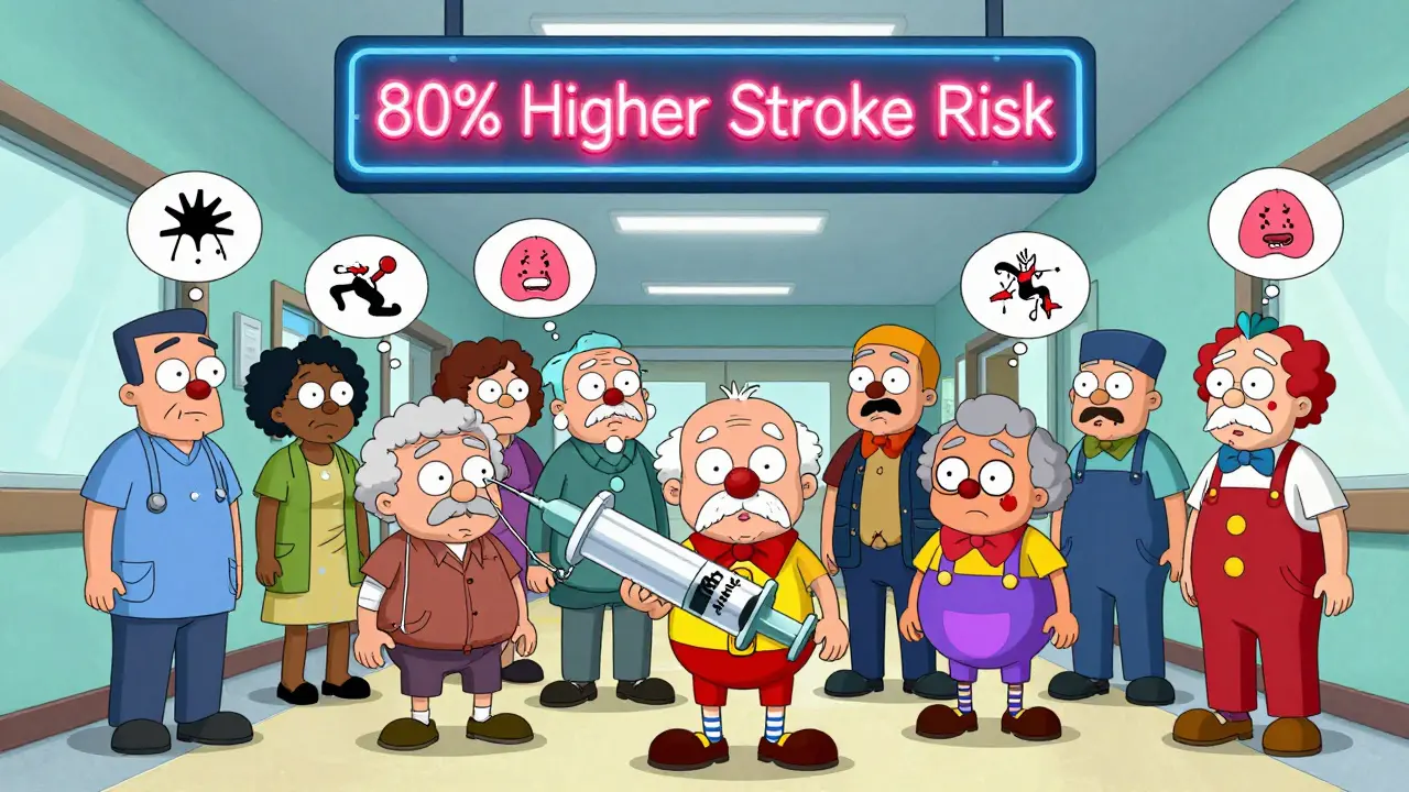 Chaotic nursing home hallway with sedated seniors and a flashing '80% Higher Stroke Risk' sign.