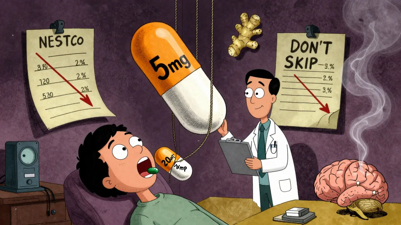 Doctor’s office scene with giant 5mg pill being lowered, 20mg pill restrained, ginger in lab coat