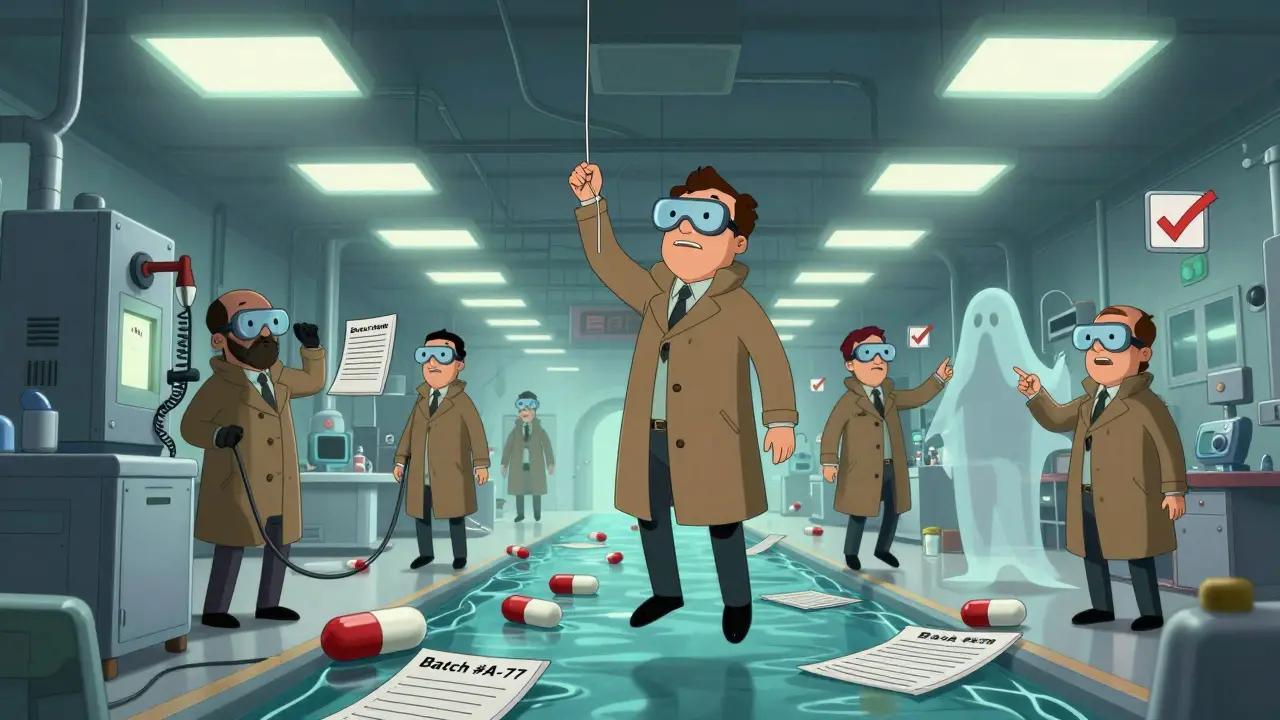 FDA inspectors float through a foreign drug plant, examining dangling data cables and glowing compliance forms.