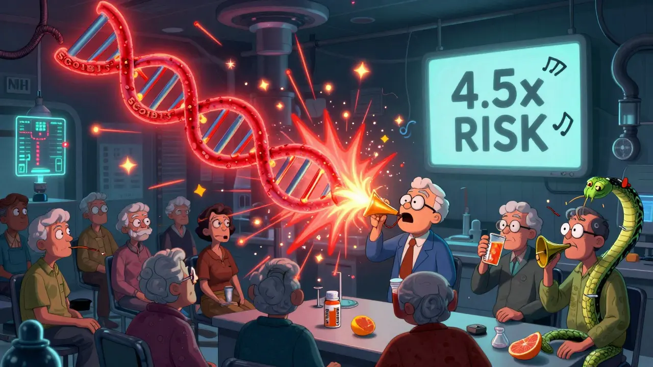 Giant glowing DNA strand explodes as elderly patients are showered in warning sparks, with grapefruit juice turning into a snake.