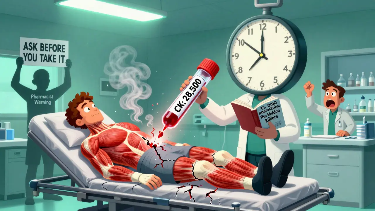 Hospital patient with cracking muscles spewing smoke, doctor holding a high CK blood test, pharmacist panicking.