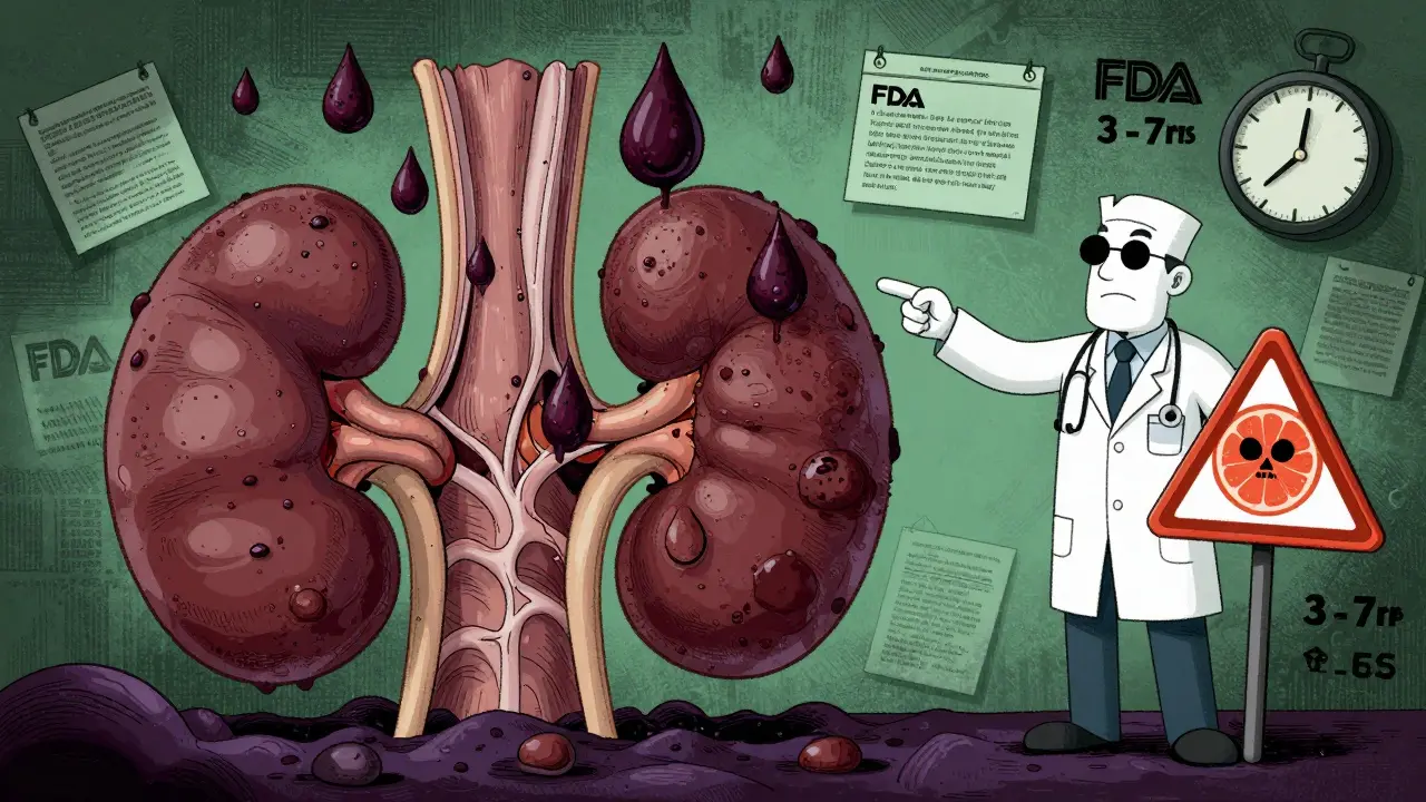 Muscle fibers break down into dark blobs clogging kidneys with warning signs in Adult Swim art style