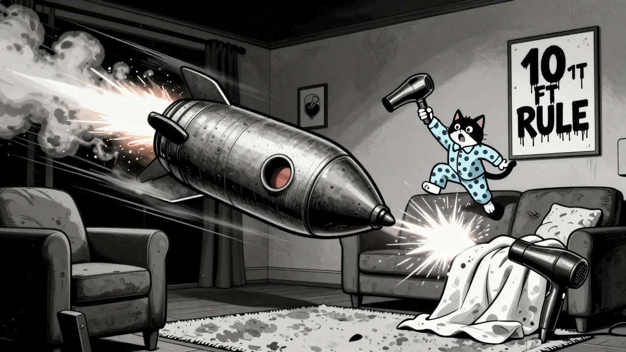 Oxygen tank shooting through a room like a rocket, with sparks and a startled cat, in Adult Swim cartoon style.