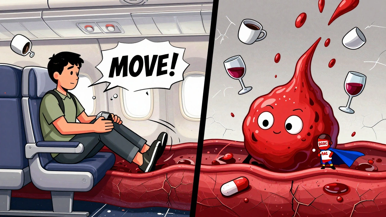 Passenger doing ankle exercises on a plane while a cartoon blood clot is blocked by a superhero pill.