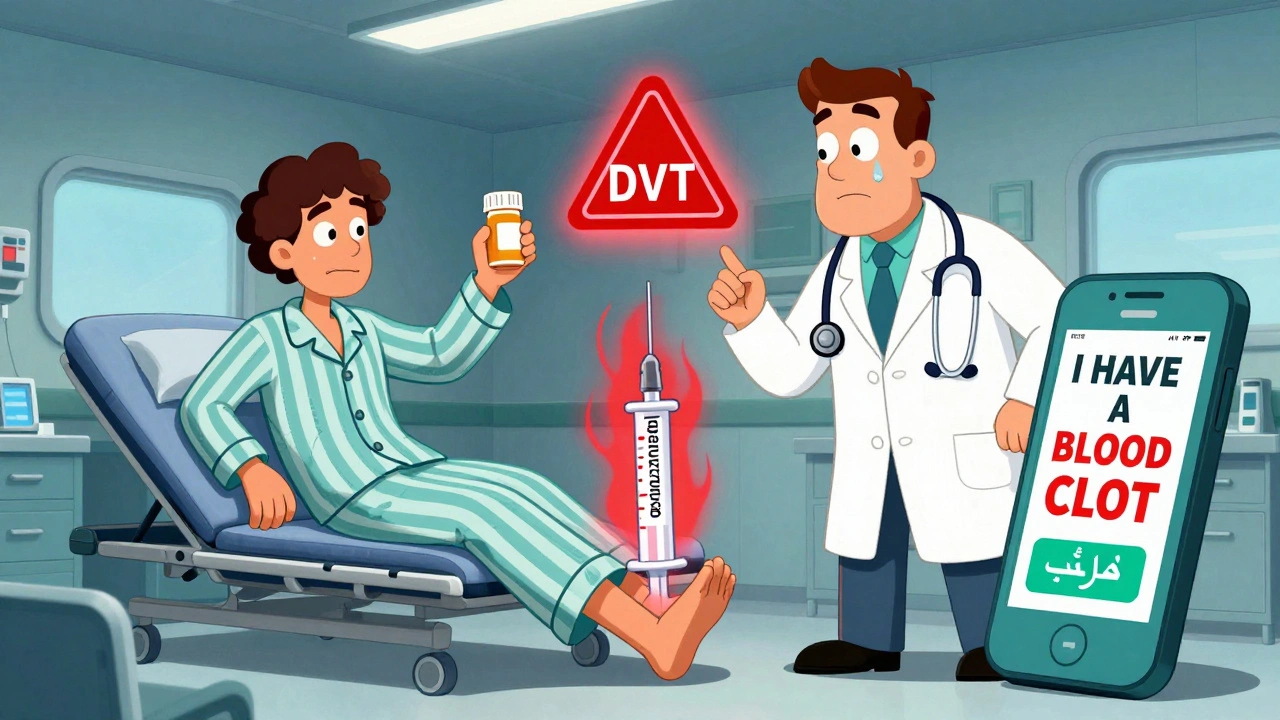 Patient in hospital with doctor holding reversal agent syringe as a glowing DVT warning pulses above their leg.