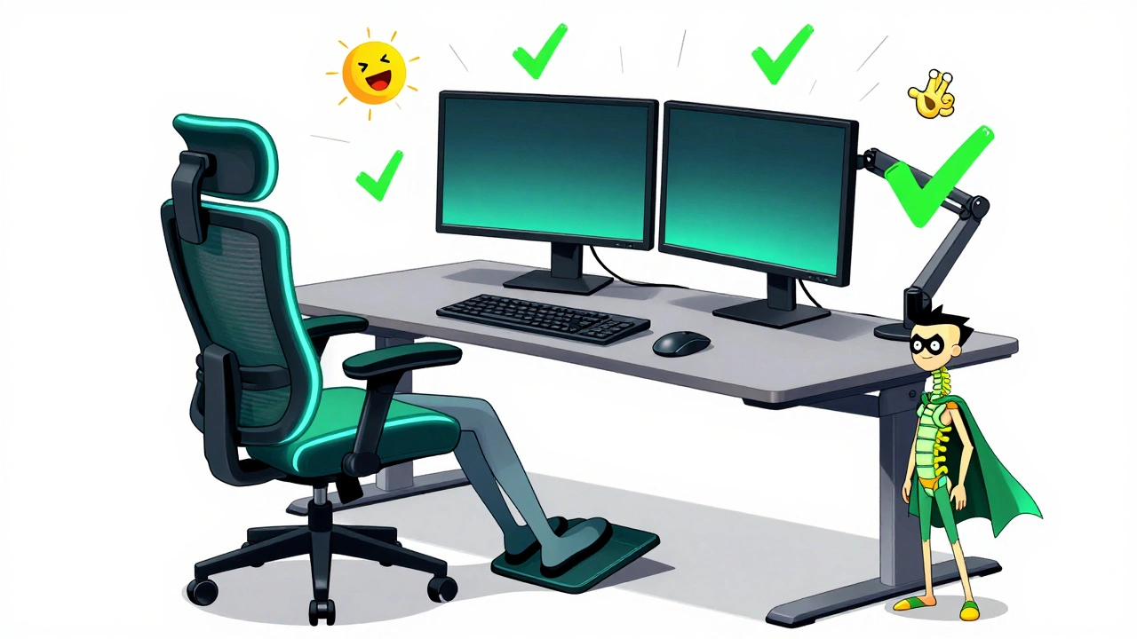 Perfect ergonomic setup with glowing spine superhero in chair, neon green and teal colors.
