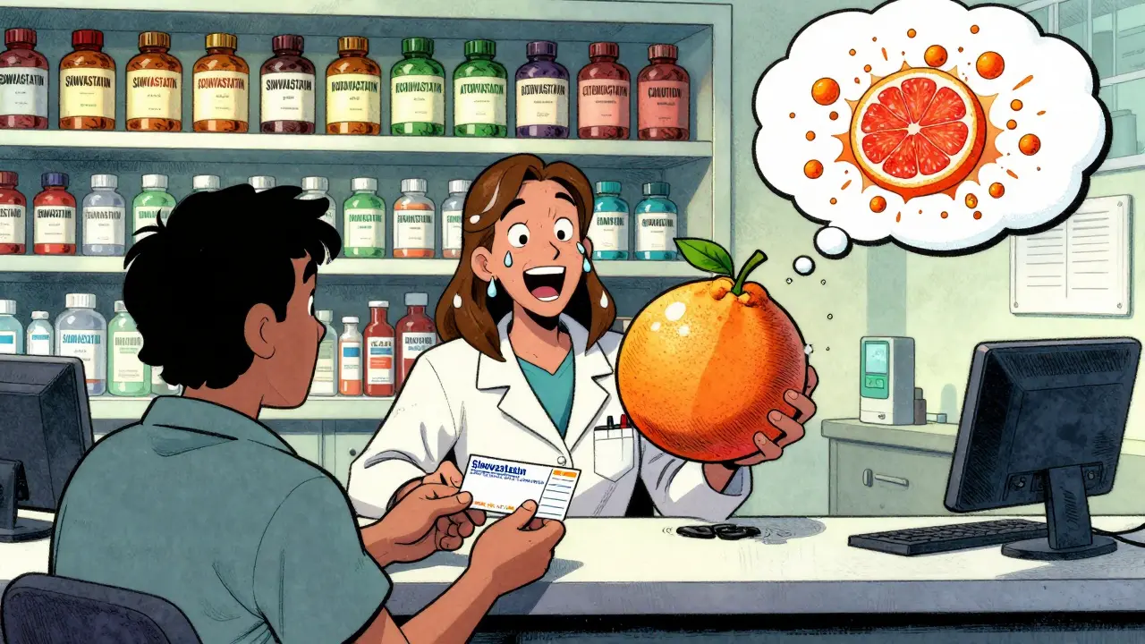 Pharmacist hands simvastatin prescription while holding grapefruit like a bomb, statin labels glow behind
