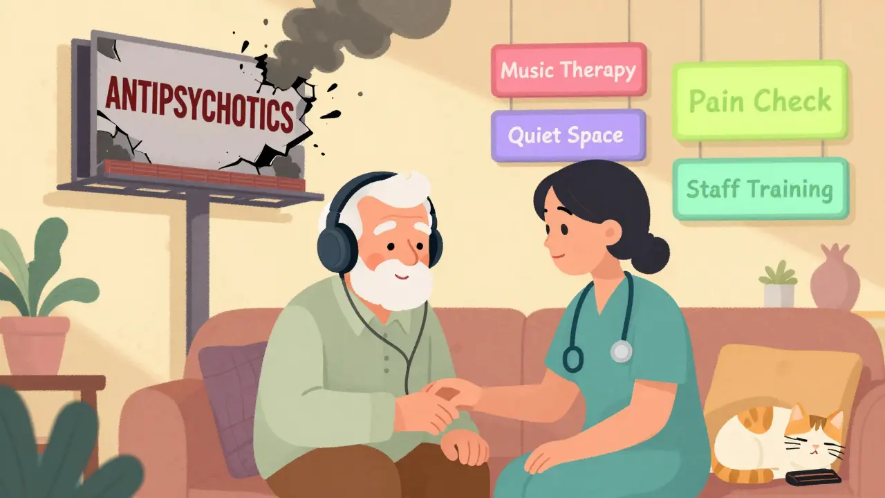 Senior peacefully listening to music with caregiver, while a crumbling 'ANTIPSYCHOTICS' billboard fades away.