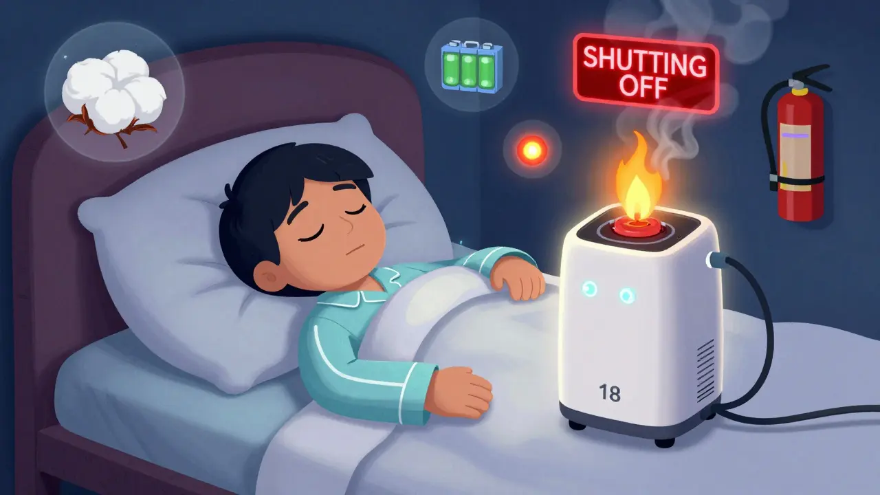 Sleeping person with smart oxygen device detecting and shutting off a hidden flame, surrounded by safety icons.