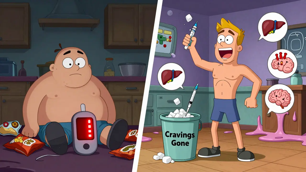 Split cartoon showing a person before and after GLP-1 treatment, with cravings fading and health improving.