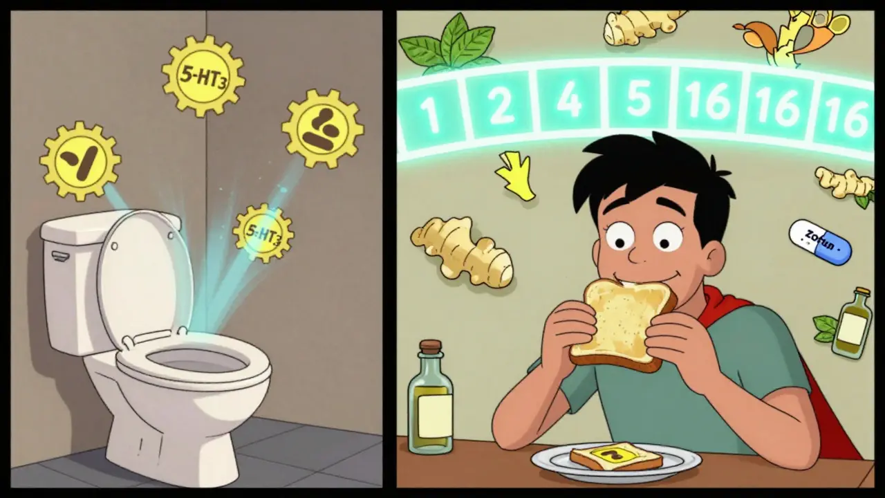Split-panel comic: person vomiting vs. eating toast with timeline and anti-nausea items