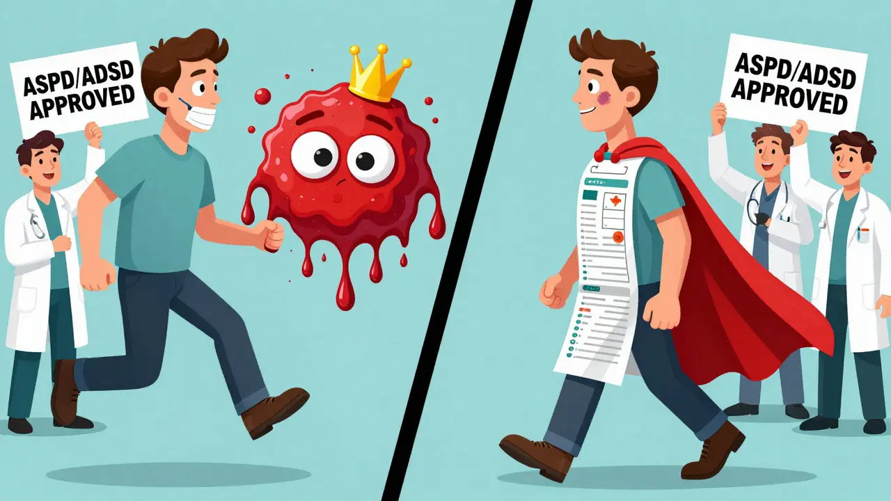 Split scene: one man becomes a blood clot monster after stopping meds, another walks away with a small bruise and a medical guideline cape.