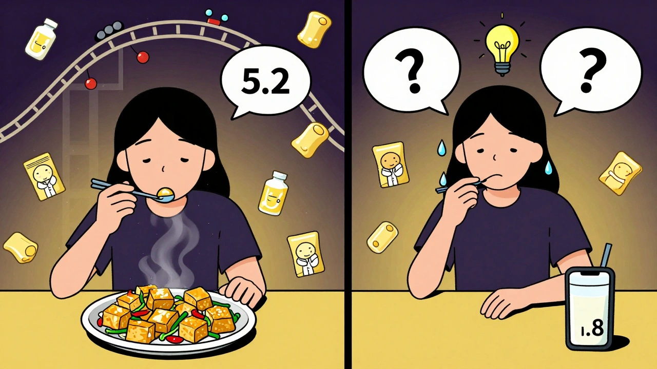 Split-screen comparison: high TSH from eating soy too soon vs. stable TSH after waiting two hours.