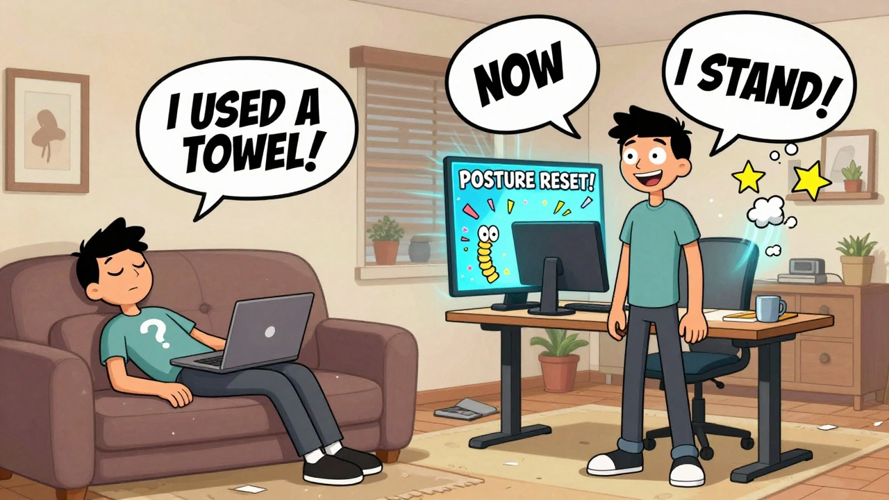 Split-screen: couch sloucher vs. standing worker with AI desk, spine shaped like a checkmark.