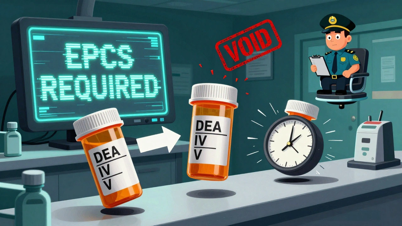 Three prescription bottles float with DEA schedule labels, one being voided, another looping in time, near a glitching &#039;EPCS REQUIRED&#039; screen.