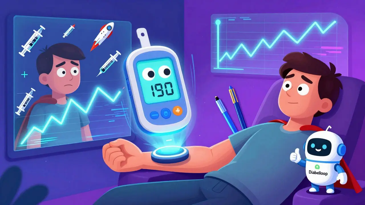 A CGM with a cape projects glucose trends above an arm, contrasting chaotic insulin use with a calm AI-assisted future.