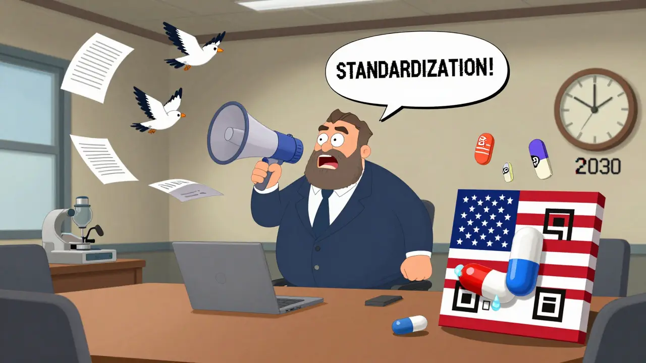 A chaotic regulatory meeting with a giant FDA agent, flying documents, and a crying pill hugged by a QR code flag.