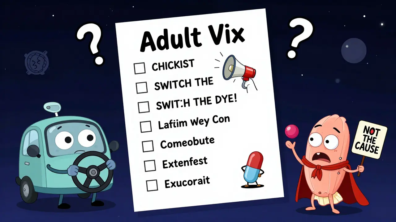 A cosmic checklist with quirky characters representing premedication steps, driver, radiologist, and dye switch.