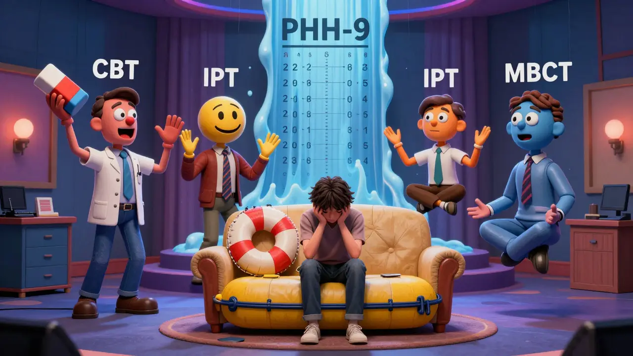 A depressed person on a life raft couch, being advised by cartoon versions of therapy types as puppet hosts.