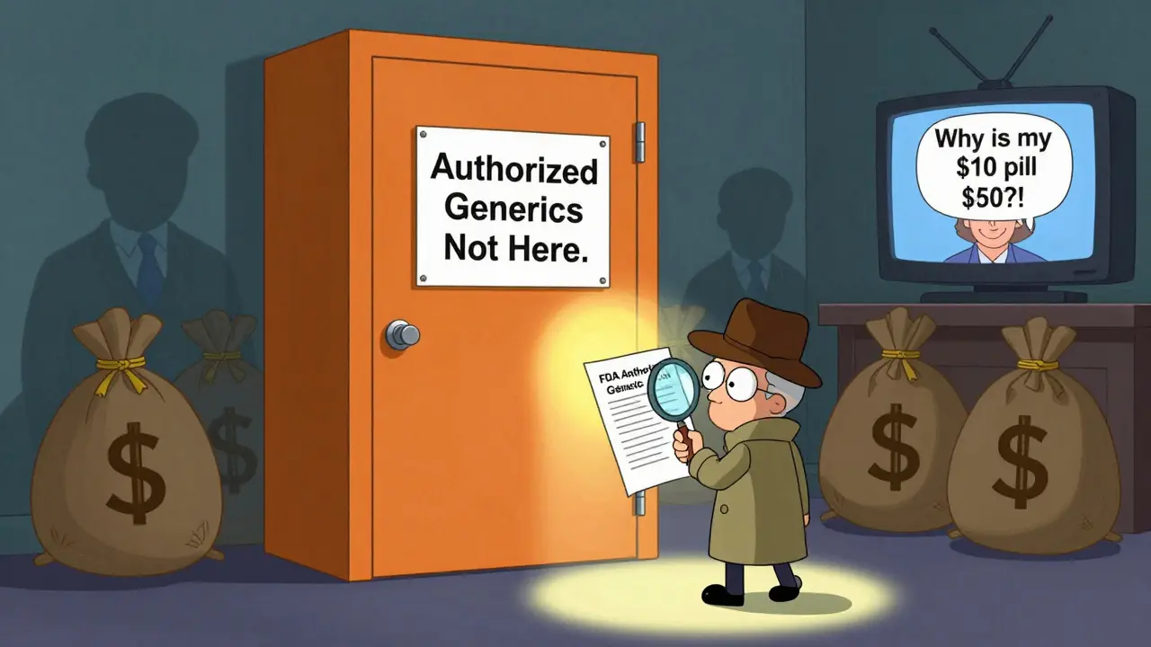 A detective examines a secret FDA document about authorized generics while shadowy insurers hide behind money bags.