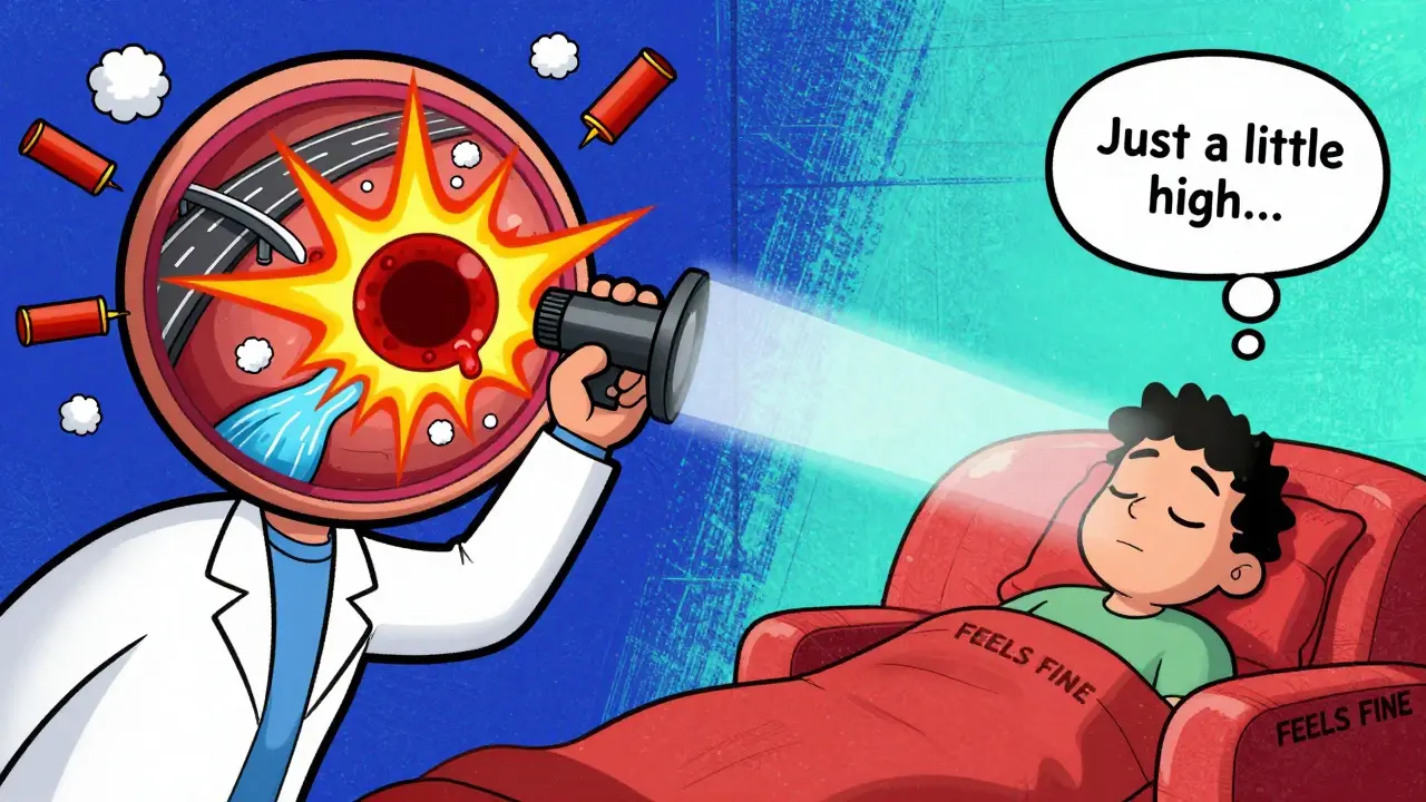 A doctor's ophthalmoscope reveals a retina warzone inside a sleeping patient's head.