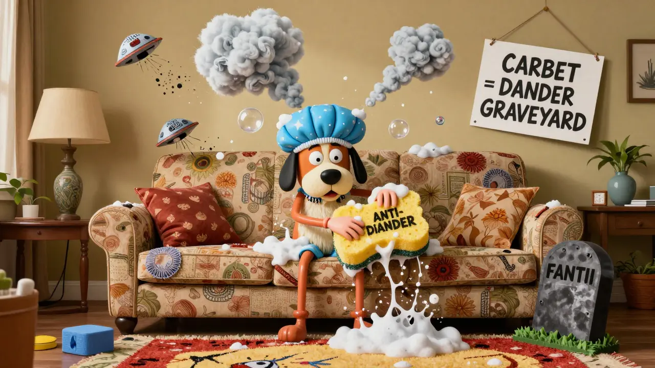 A dog in a bath cap is scrubbed by a person as lint rollers fly through the air and a carpet turns into a graveyard.