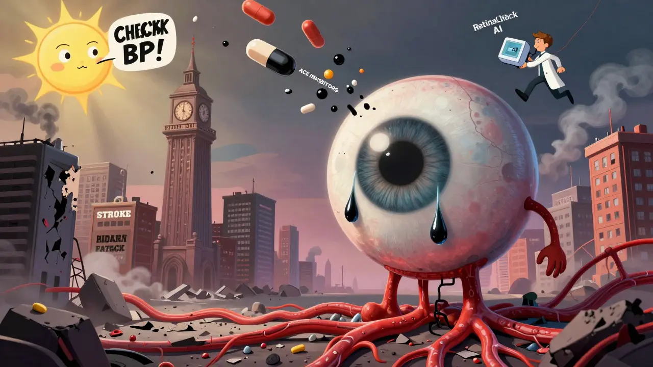 A giant eye stands over a collapsing city of blood vessels, weeping pills, under a warning sun.