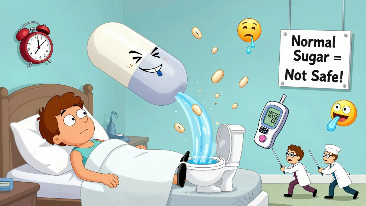 A giant SGLT2 pill urinating glucose into a ketone vortex while doctors chase a blood ketone meter.