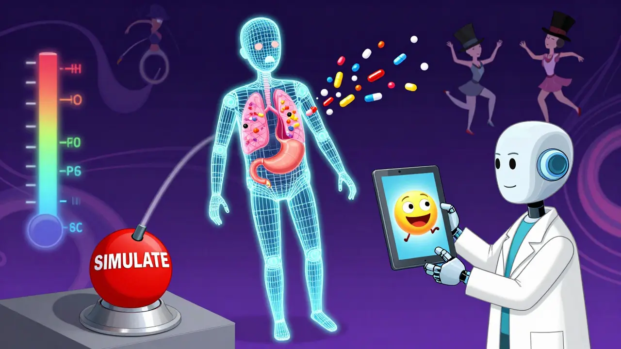 A glowing virtual human body with drug particles moving through simulated organs in a psychedelic lab setting.