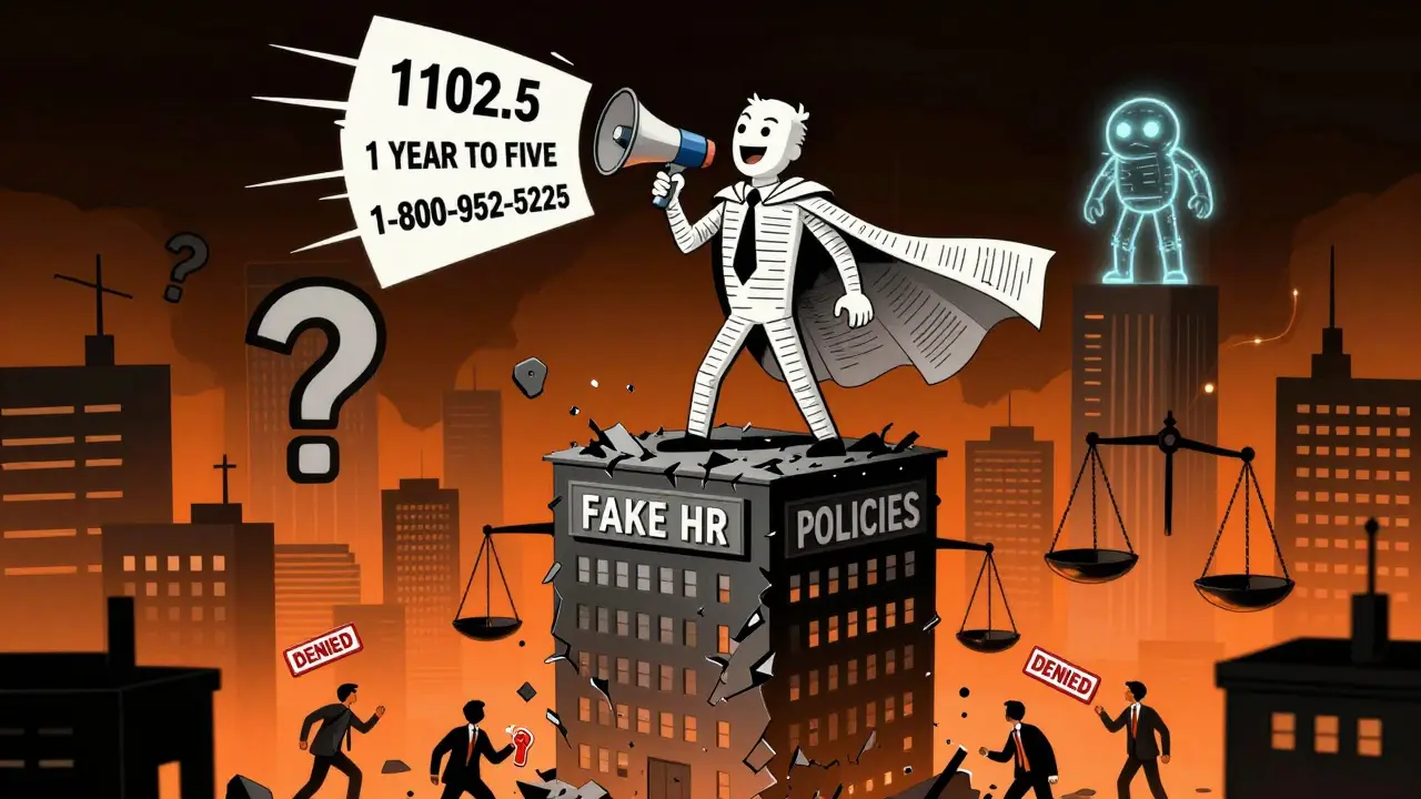 A hero in legal-document cape stands on a corporate tower, broadcasting whistleblower rights as AI and bosses collapse below.