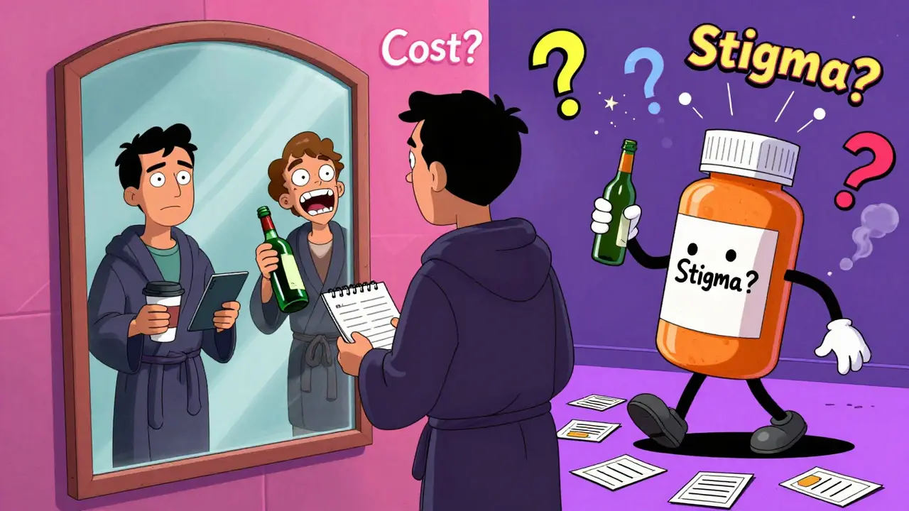 A man faces a mirror showing two versions of himself—sober and drunk—with a walking pill bottle leaving therapy cards behind.