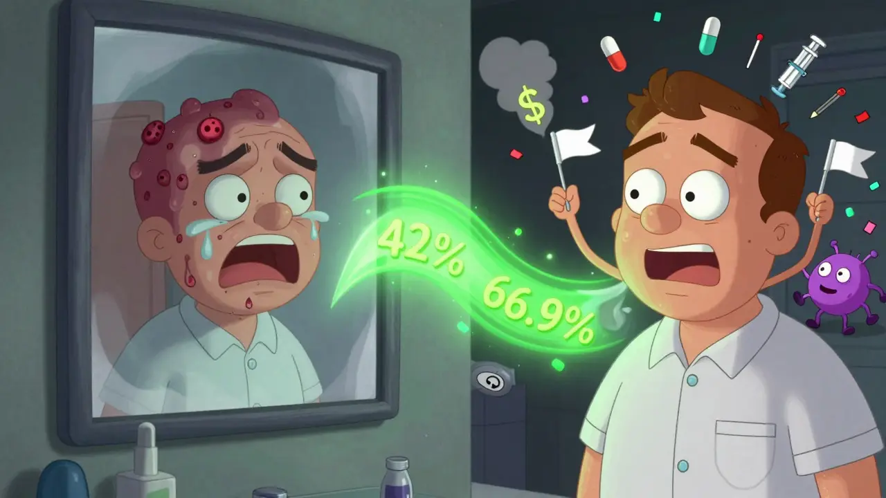 A patient transformed from suffering to relief, with glowing skin and floating success percentages.