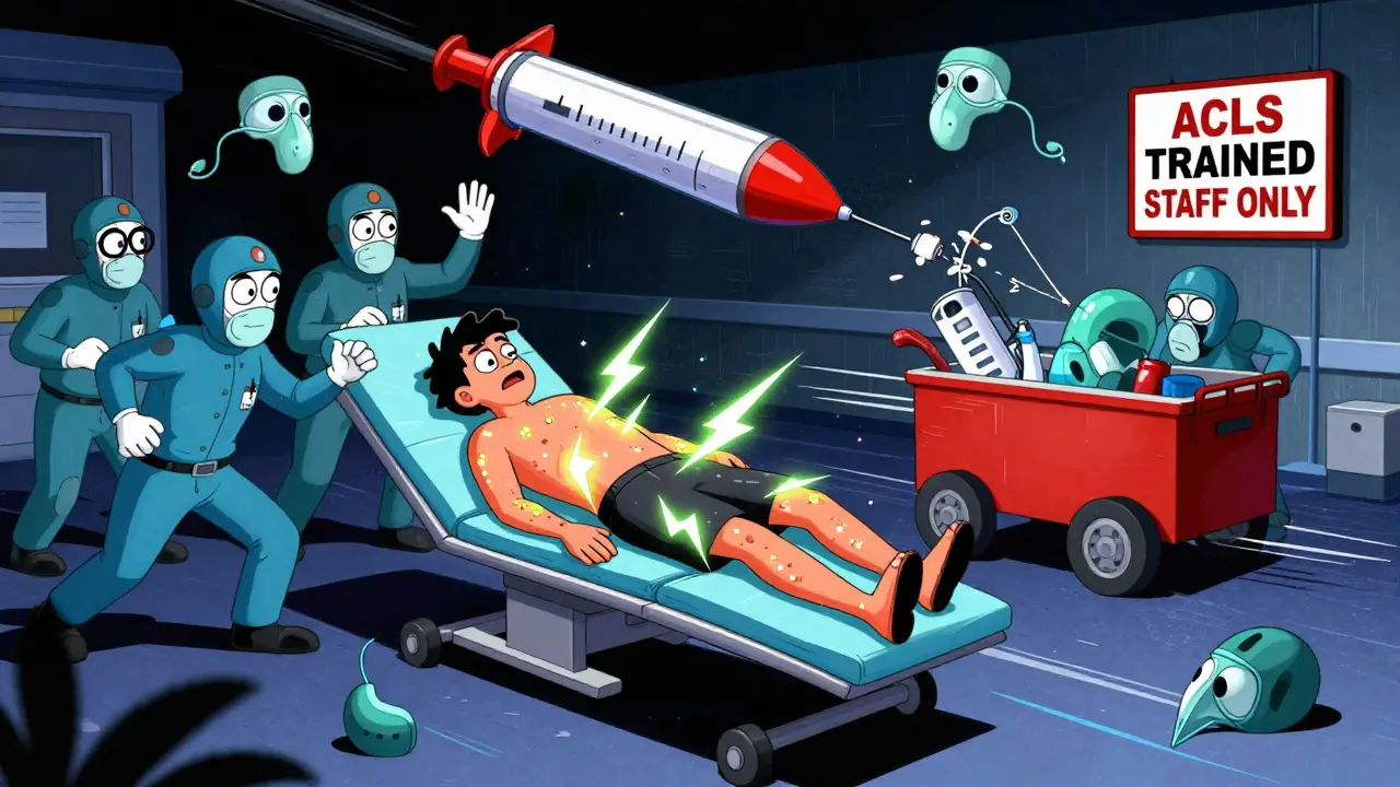 A patient with glowing hives during a scan as medical staff scramble with a rocket-shaped epinephrine syringe.