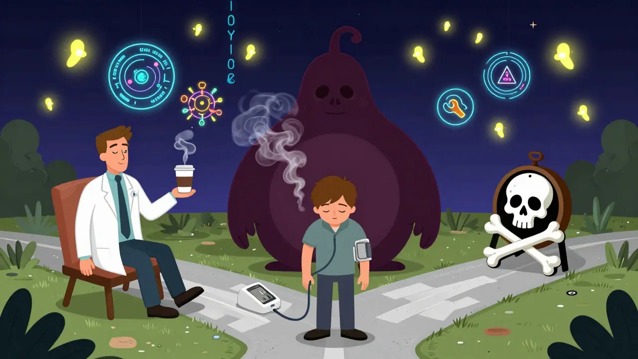 A person at a crossroads with lifestyle choices and a looming aneurysm shadow.