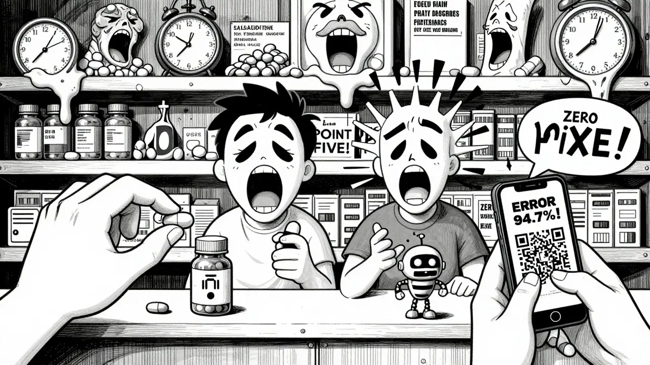 A person doing a 4-step medication check with sound waves, scanning phone, and melting pill labels in a surreal pharmacy.