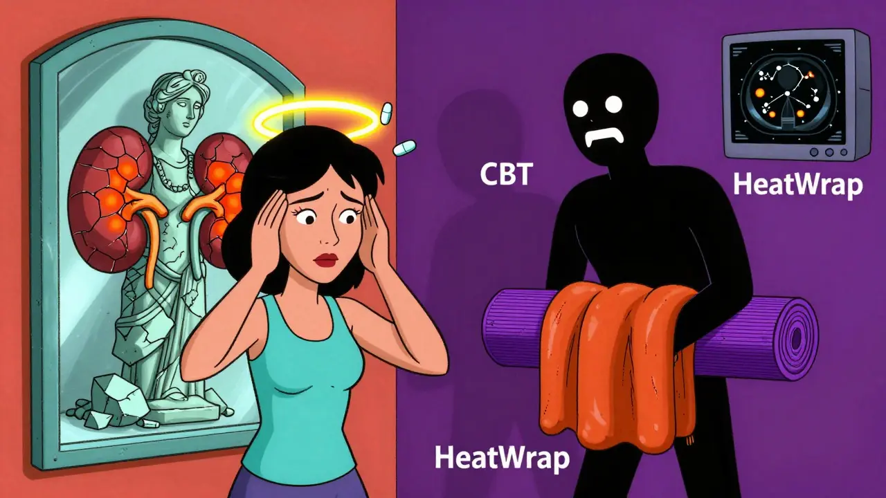 A woman sees her kidneys crumbling as stone statues while safer alternatives appear behind her.