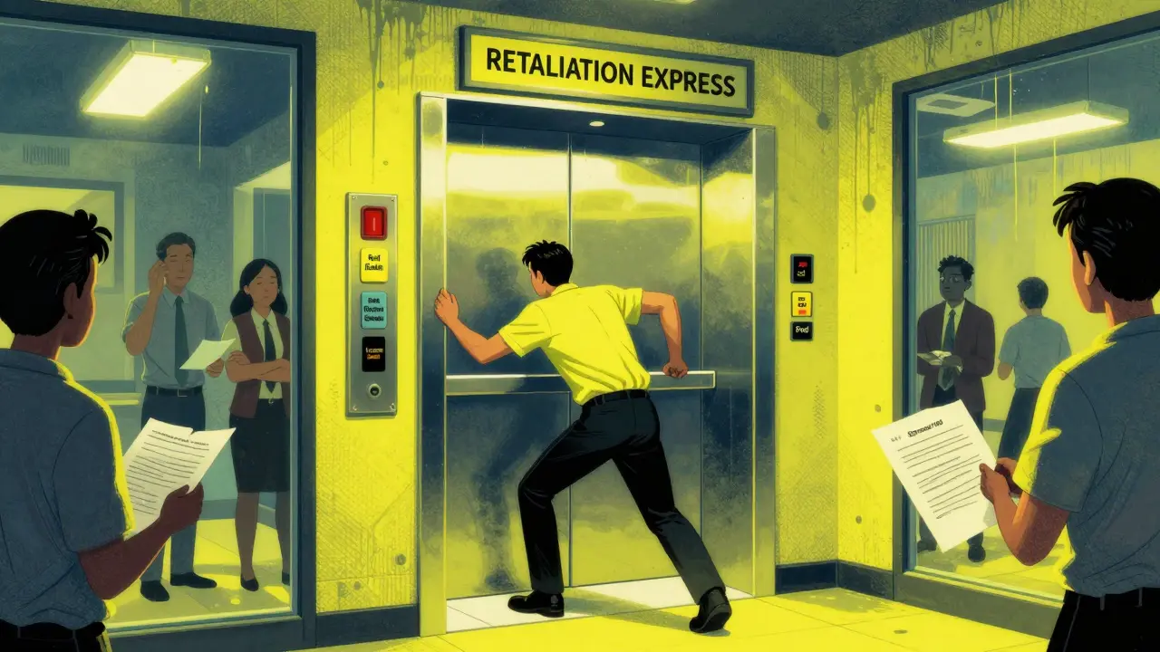 A worker is shoved into an elevator with retaliation-themed buttons, coworkers looking away.