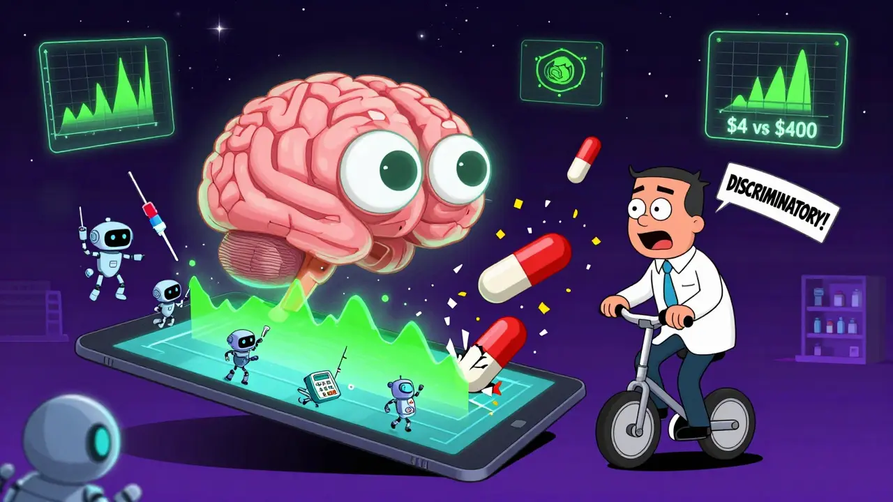 AI projecting a drug dissolution profile while a regulator rides a calibration unicycle amid exploding pills.