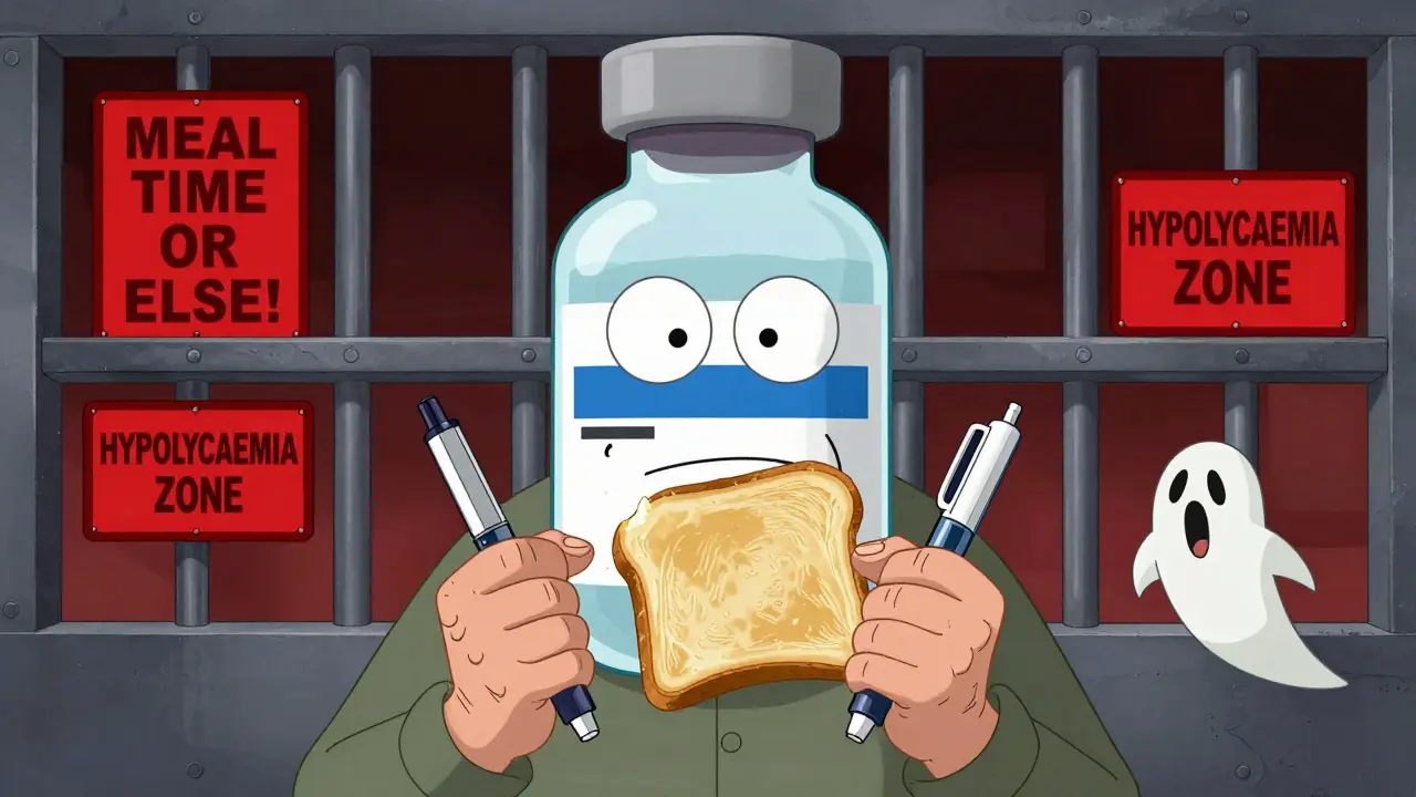 An elderly person struggles with insulin pens while a giant premixed vial looms like a prison bar over their frozen breakfast.