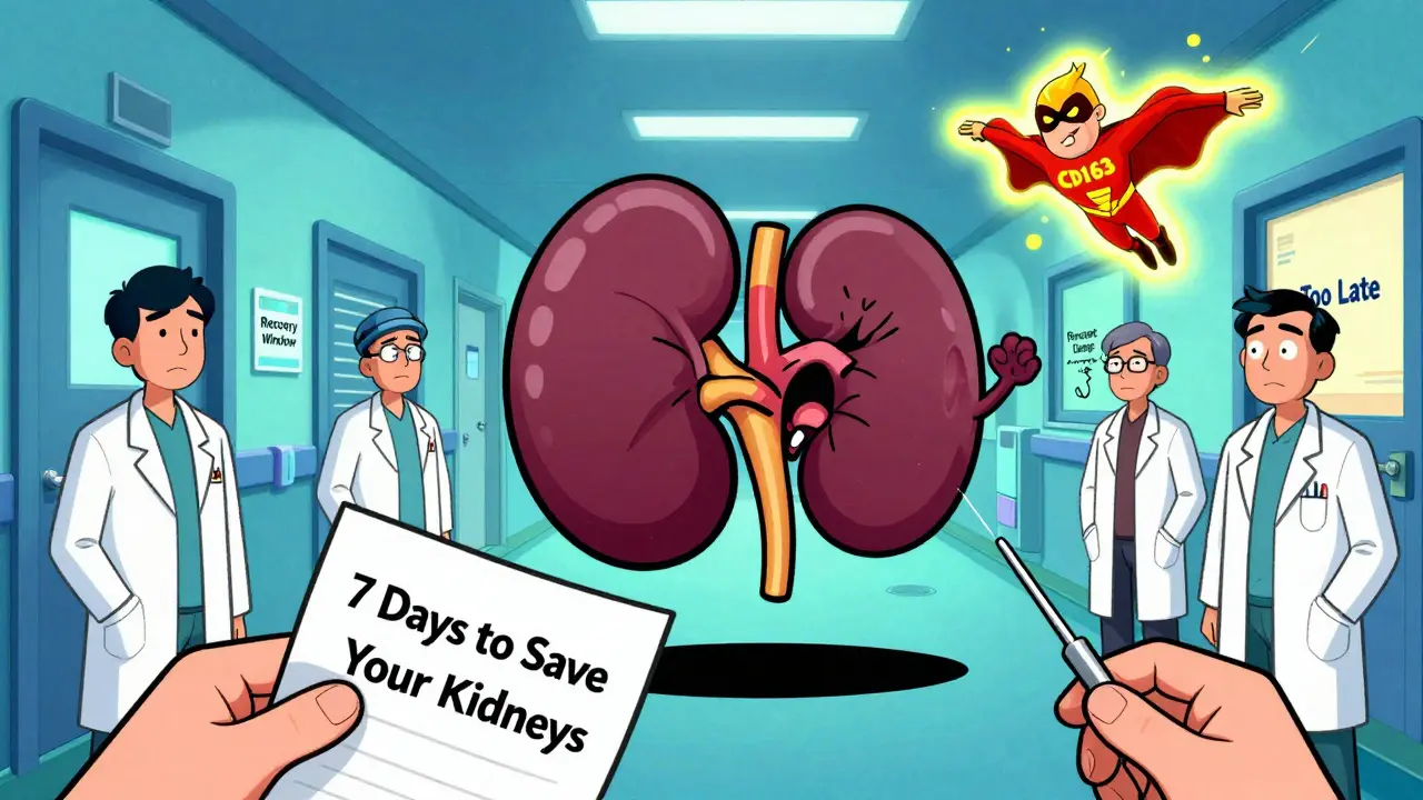Biopsy needle piercing a screaming kidney while a biomarker superhero flies in to save it.