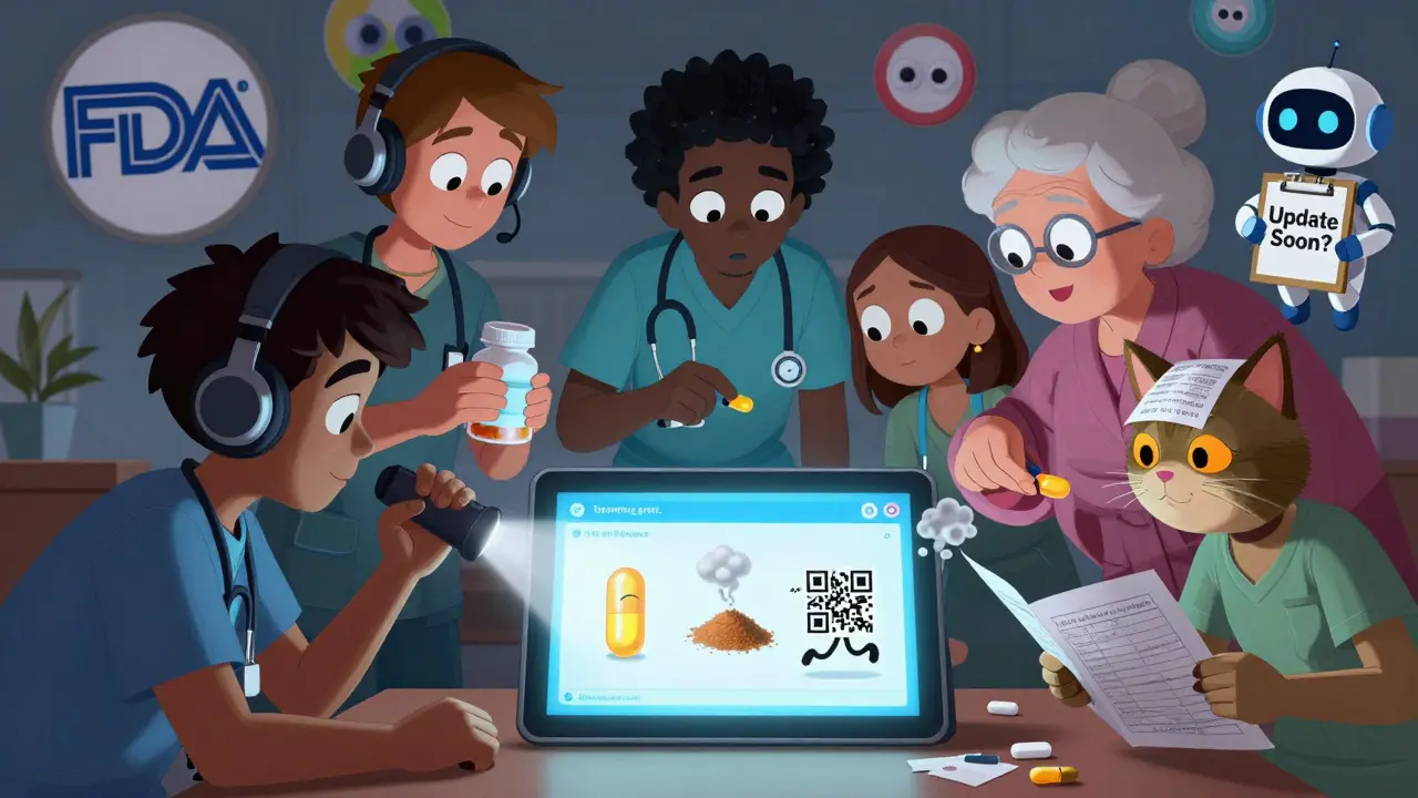 Caregivers using a tablet with animated medication icons, one scanning a pill bottle with a flashlight.
