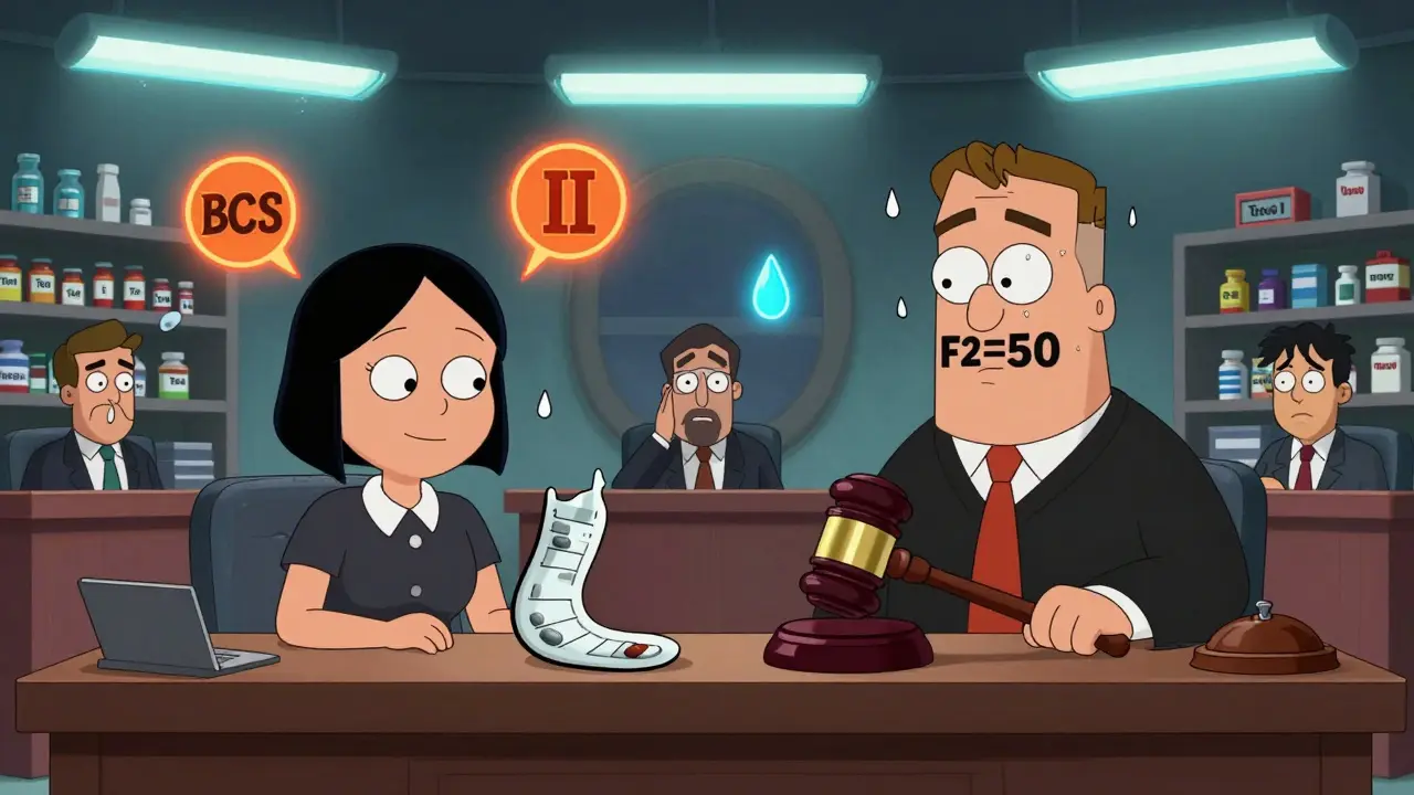 Dissolution curves on trial in a surreal courtroom with BCS icons as jurors and a f2-stamp judge.