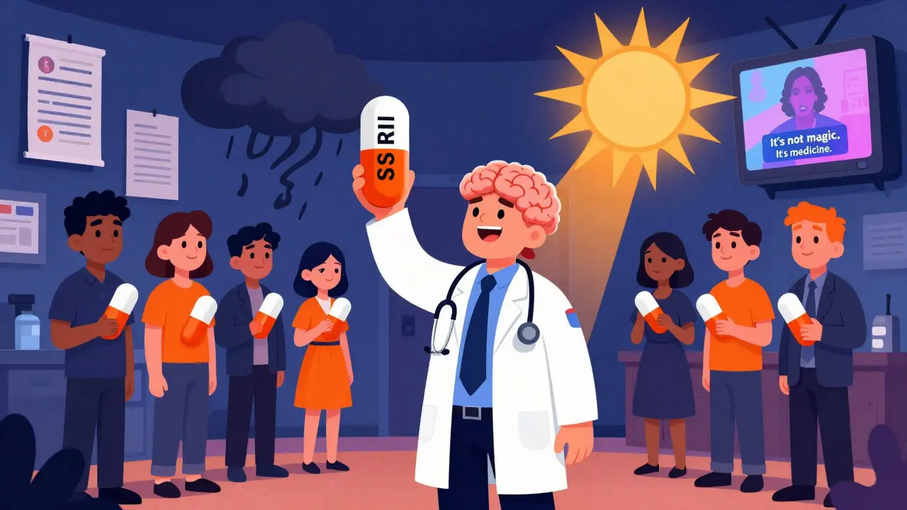 Doctor holding giant pill while patients stand in line, one’s shadow turning from storm to sun.