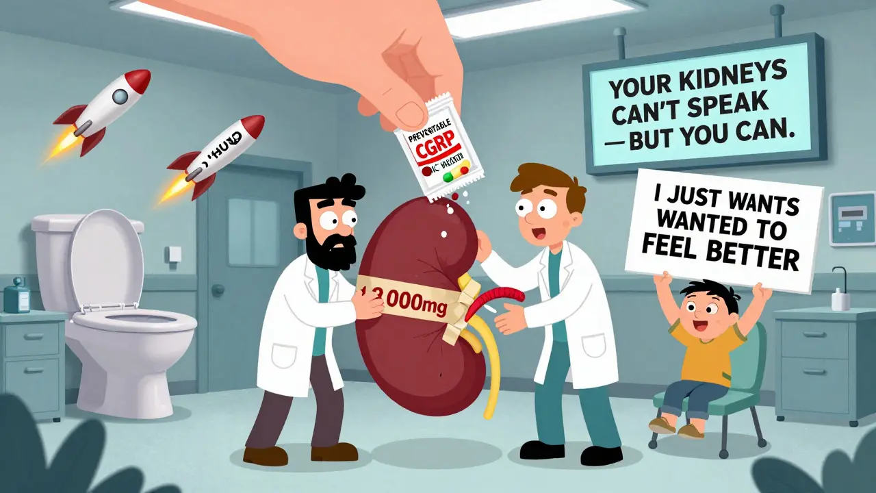 Doctors patch a leaking kidney with duct tape as pills flood a toilet in a surreal ER scene.