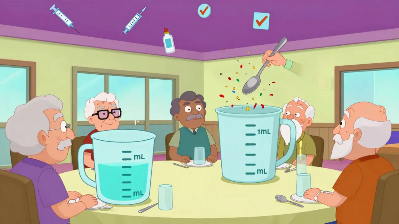 Elderly person using a large measuring cup with bold markings, spoon exploding into confetti nearby.