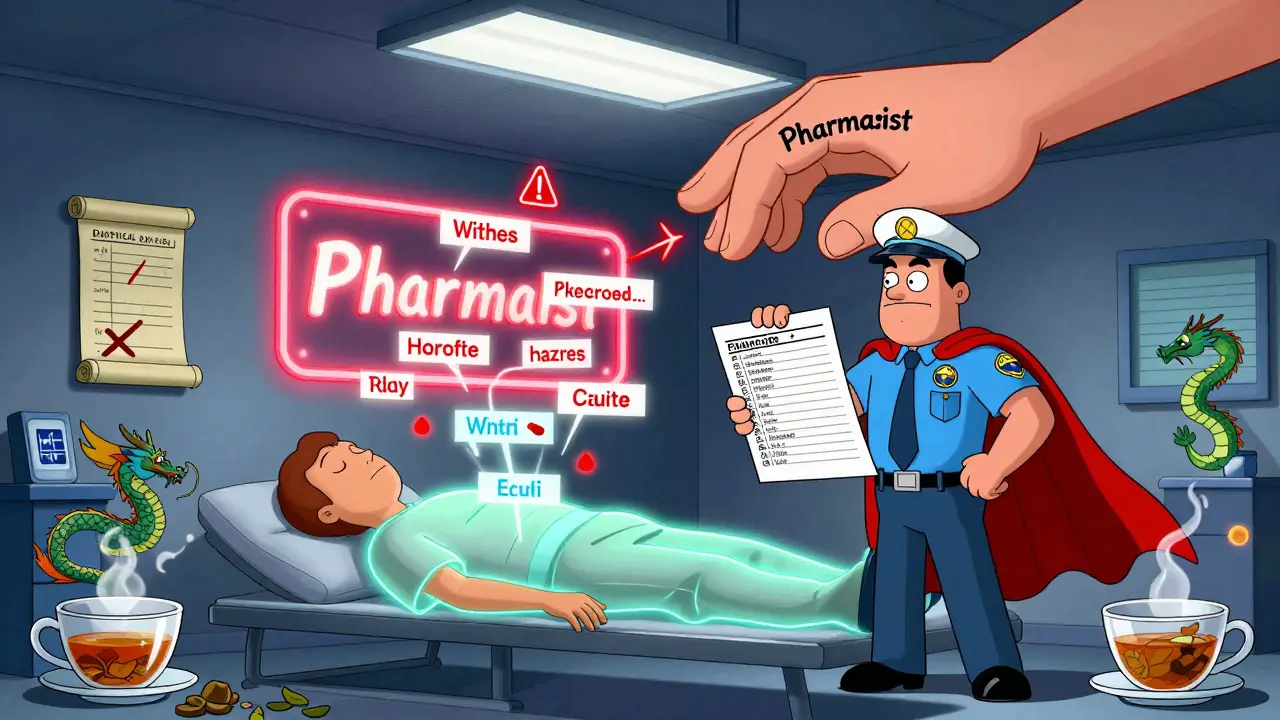 ER scene with floating pill labels and a paramedic holding a medication list like a cape.