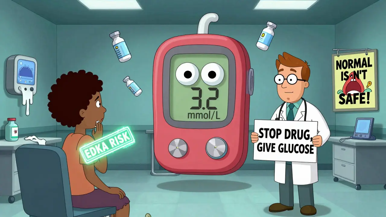 ER triage station with patients tagged for EDKA risk, a giant ketone meter, and a doctor holding 'STOP DRUG, GIVE GLUCOSE'.
