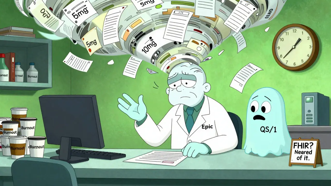 Exaggerated cartoon pharmacist overwhelmed by conflicting digital prescriptions in a chaotic clinic.